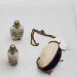 2 enamelled perfume bottles, oriental bird patterns & a shell shaped trinket purse (3)