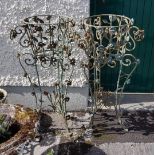 Matching Pair of metal Jardineres, with floral fretwork and carrying handles, on fixed stands