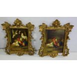 Pictures - 2 x Farmyard Hens and Pigeons Oils on Board, 24cm x 19cm in ornate carved and gilt