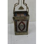 19thC Brass Framed Hall Lantern, with coloured glass inserts, leaded borders (no cracks to glass),