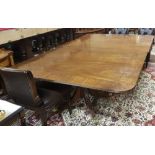 Late 19th C twin pod mahogany Dining Table, 2 D ended and cross banded leaves with side piece to