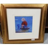 Painting - Boy in Rock Pool, signed M Wilson, 20cm x 20cm, mounted in gold frame