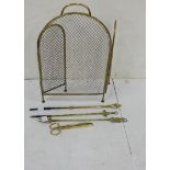 Brass Framed Spark Guard and 4 Fire Irons (tongs etc) (5)