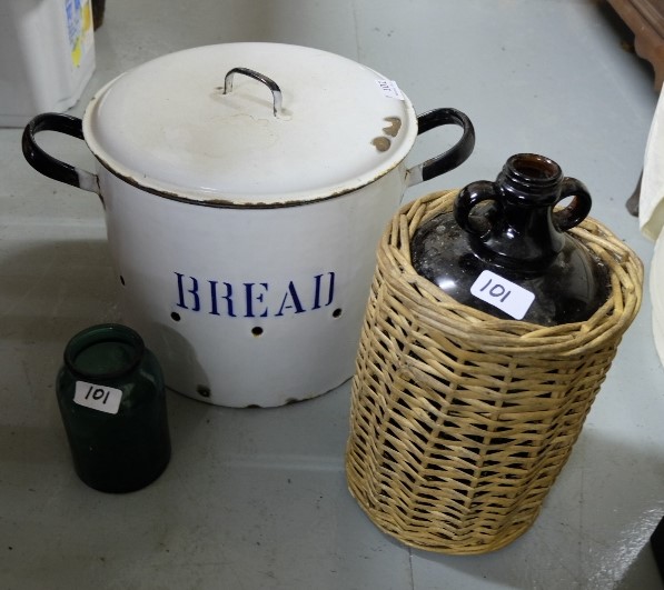 Large circular enamel Bread Bin, a glass Water Bottle in wicker case & 2 modern cafeterias (4)