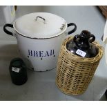 Large circular enamel Bread Bin, a glass Water Bottle in wicker case & 2 modern cafeterias (4)