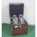 Fine Regency Burr Walnut Tantalus Case, brass rims, with 4 fine cut glass decanters inside and
