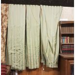 Matching Pair of good quality Wall Curtains, green/gold stripes, cotton sateen, triple pleated and