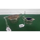 Silver mustard pot with blue liner & oval shaped tureen with handles (2)