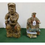 2 x Antique Chinese wood carved Figures of seated emperors, one painted, 24cm h x 14cm w and other