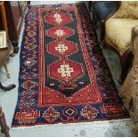 Burnt orange and red ground Persian Hamaden Runner, bespoke design, beautiful blue borders, 2.53m