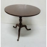 Antique mahogany snap top Table, circular, tripod base (one leg & top of pod damaged), pad feet,