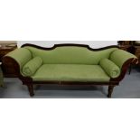 Large late 19th C double scroll ended Couch, green satin fabric and cushion, on 4 turned legs (