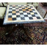 Specimen marble Chess Top Table, featuring various colour marbles, 66cm sq over a Regency style pod,