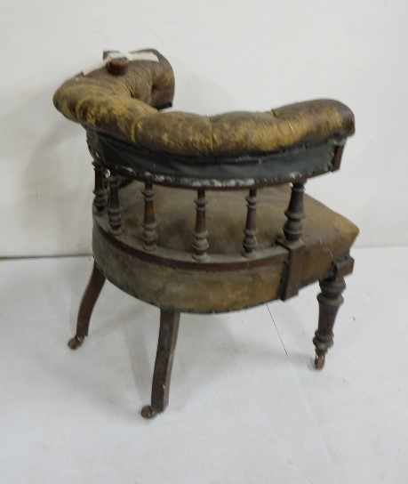 Victorian mahogany framed Office Chair on 4 casters, brown leather back and seat (for restoration) - Image 2 of 2