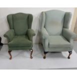 2 x Parker Knowles Wing Backed Armchairs on Queen Anne legs – 1 upholstered with dark green