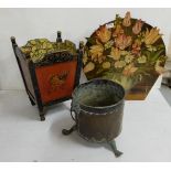Floral painted Fire Screen, a paper Mache Paper Wastebasket and a small copper Coal Scuttle (3)