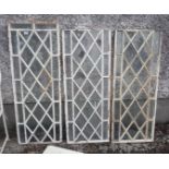 3 x iron framed Window Panels, diamond shaped panes, 2 - 48cm x 1.23m and one - 49cm x 1.29m (some