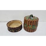 Majolica Circular Dish and cover, 15”h, brown ground with green leaf patterns