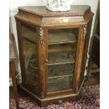 19thC Walnut Side Cabinet, the single glass panelled door enclosing 3 velour covered shelves, angled