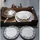 Set of 4 x Grecian Wedgewood Plates, 3 other Plates and pair of musical Figurines and a circular