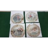 4 unusual vintage hand painted silk comical picture lace trimmed circular Napkins, horse and hound