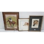 3 x mounted framed prints, one race horse, LS Dawson 1995, 53cm x 43cm, one Wolf, Michael Dumas,