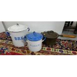 Heavy metal Saucepan with lid, 3 litre, wooden handle and 2 enamel Flour/Bread Bins with lids (3)
