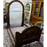 Late 19thC Mahogany Half Tester Bed, the oval headboard covered with deep button white satin fabric,