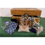 Costume Jewellery, various colours, necklaces etc, in a walnut box carved with Chinese figures