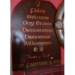 “Failte”/Welcome, multi-language Board, hand painted with shamrock and harp borders, 92cm w x 1.