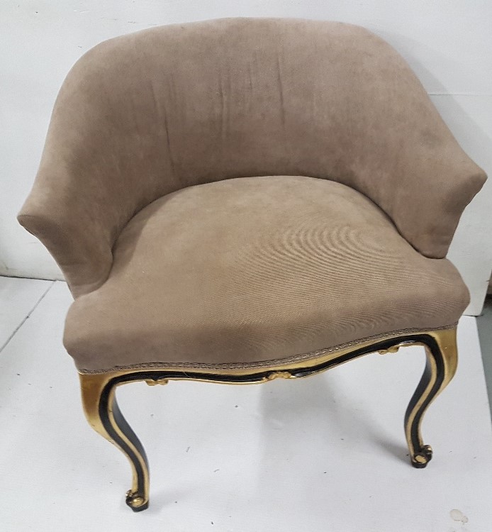 Tub Chair, brown fabric, cushioned seat and back, on ebony and gold cabriole legs, 64cm w