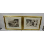 Pair black and white prints, "Duck Feeding" and "Golden Hours" in matching moulded gold frames, each