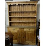 Antique pine Kitchen Dresser (stripped), scalloped frieze over 3 open shelves, 2 drawers and 2 doors