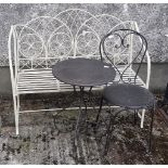 Modern metal garden Bench, 1.2m w and a single black metal Chair and a small bistro Table (3)