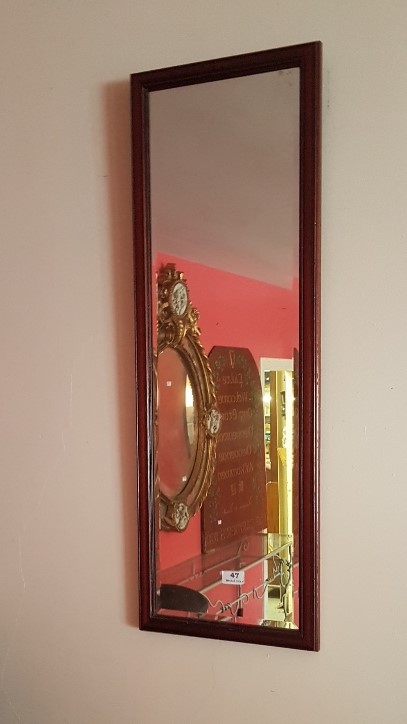 2 Mahogany Framed Wall Mirrors – 1 narrow rectangular & 1 oval (good condition)