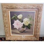 Geraldine M O’Brien, Limerick artist: Oil on canvas, Still Life of pink and cream roses, signed by