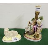 Two Dresden Figures – model of a ewe with her lamp and a candlestick with boy and girl at a