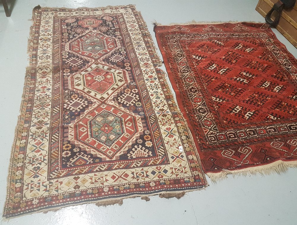 2 x floor Rugs, 1 red ground fringed 1.28 x 1.68 & 1 smaller beige ground with red and navy