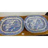 Two similar blue and white Willow pattern Meat Plates (some chips) (2)
