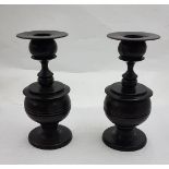 Pair of Antique Fine Ebony Candlesticks, bulbous stems,