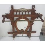 Oak framed Wall Hanging Coat/Hat Rack with horseshoe shaped bevelled Mirror, 86cm h x 73cm w