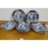 Matching Set of 8 Antique Ironstone Side Plates, blue ground oriental garden scenes, good