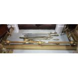 Edwardian Brass Fender with raised gallery, 123cm w, 3-piece Fire Iron set and 2-piece Fire Iron set