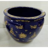 Large blue Porcelain Bulbous Jardinière, decorated with gold floral swags and golden rim, 43cm dia,
