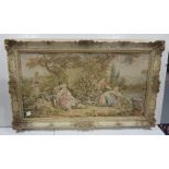 Modern ornate cream and gold painted framed tapestry of figures in a pastoral scene, approx. 1.3m x