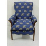 Upholstered Armchair, Parker Knoll, blue fabric featuring gold lions, good condition