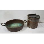 Eastern Copper Pail with brass swing handle, 24cm x 26cm and a copper twin handled Preserving Pan