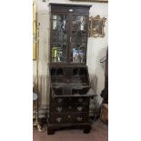 Compact 19th C mahogany Bureau Bookcase, 2 glazed doors enclosing 2 adjustable shelves above the