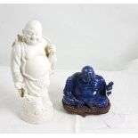 Glazed blue Hardstone Figure of seated Buddha, 12cm w x 10cm h and a Bisque Figure of a smiling