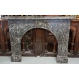 Victorian “St. Anne’s Marble” Fireplace, c.1860-1870. Grey ground, with a 69”w mantle atop a horse-